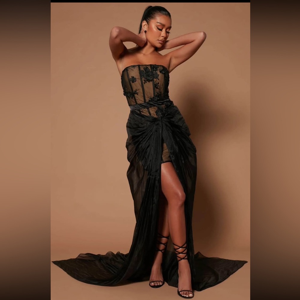 Black Strapless Bustier Gown with Slit